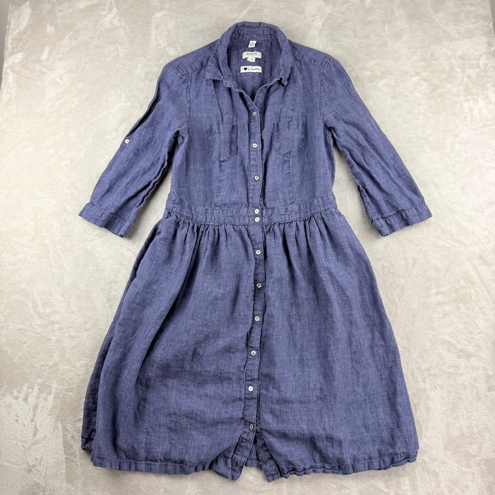 Malvin Midi Shirt Dress Womens L Blue Linen Button Front Roll Tab Lagenlook Boho